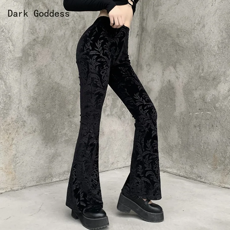 

Retro Gothic Print Black Pants Goth Harajuku High Waist Flared Pants Women High Street Punk High Waist Women Trousers Velvet