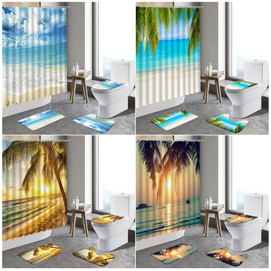 

Summer Seaside Scenery Shower Curtain Dusk Sunset Coconut Tree Beach Ocean Scenery Bath Curtain Bathroom Decor Waterproof Fabric