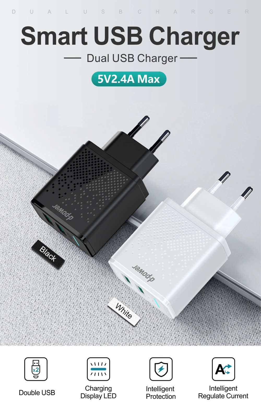 Dpower Dual USB зарядное устройство для телефона 5V 2.4A Быстрая зарядка для iPhone samsung Xiaomi huawei EU штепсельная вилка настенное зарядное устройство для телефона адаптер