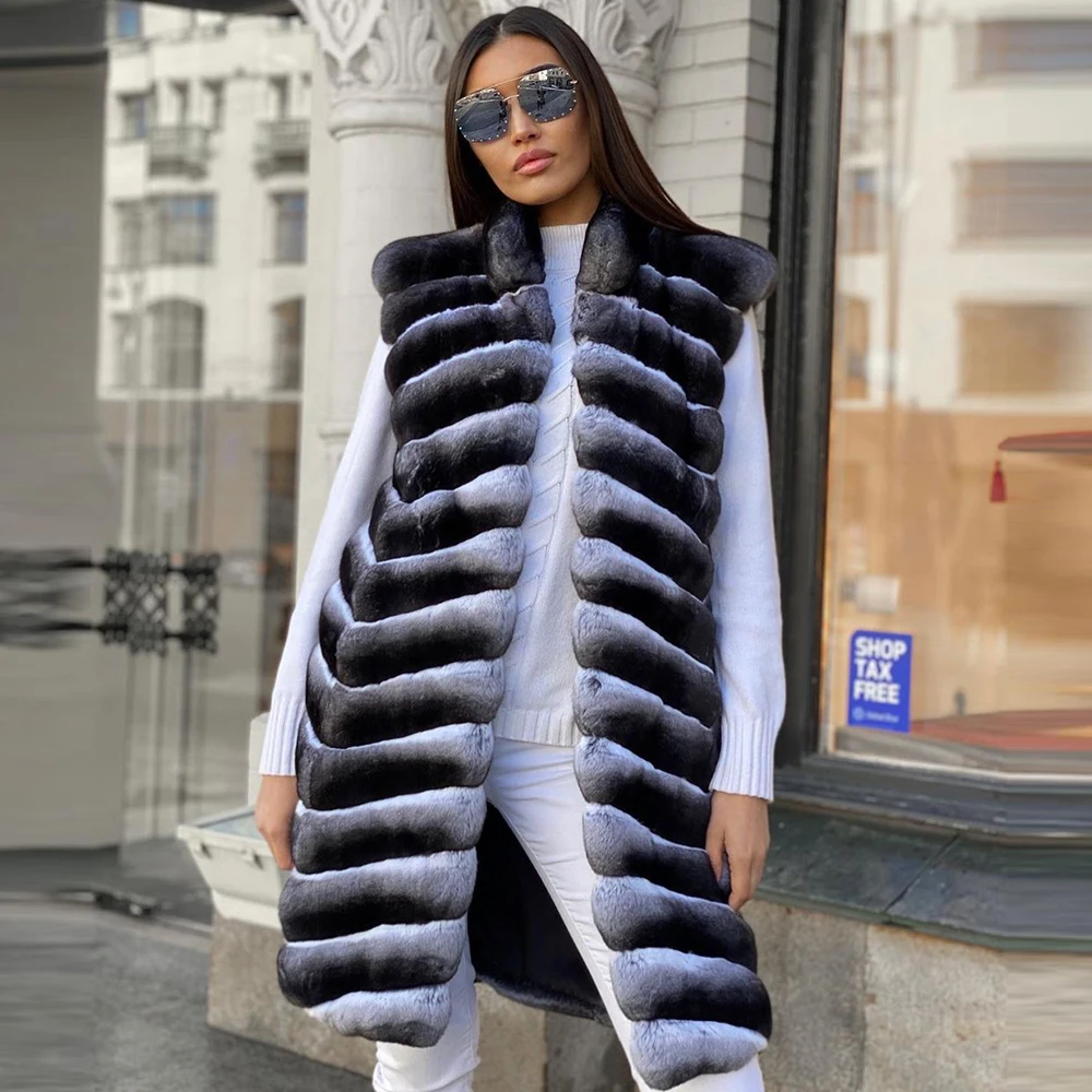 

Natural Whole Skin Genuine Rex Rabbit Fur Vest Stand Collar Overcoats Winter Fashion Real Rex Rabbit Fur Vest Chinchilla Color