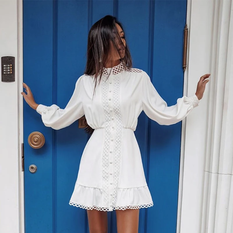 Женское винтажное белое платье 2020 с длинным рукавом на лето и весну элегантное