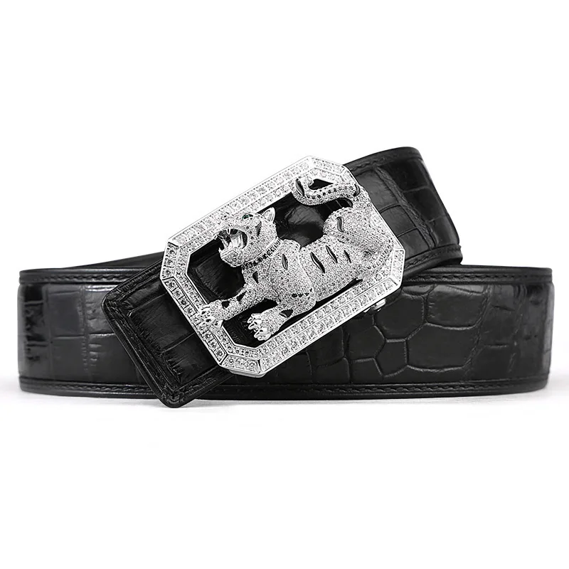 tiger black McParko Crocodile Belt Mens Leather Belts With Buckle Luxury Animal Design Genuine Leather Waist Belt with rhinestones Buckle - Цвет: tiger black