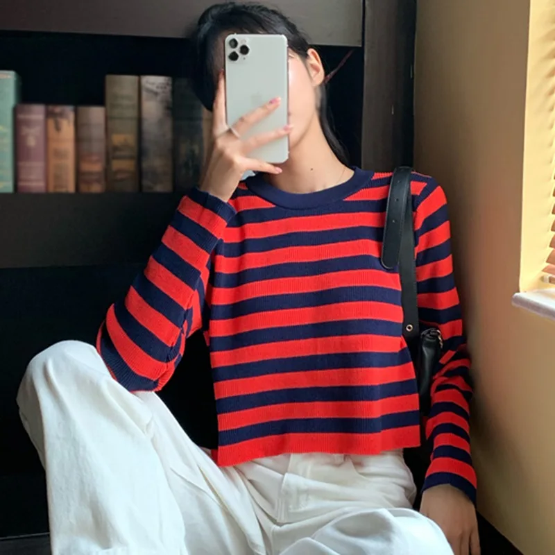 

Ladies Pullover Sweater Autumn Winter Striped Long-sleeved Round Neck Casual Wild Women's Sweater