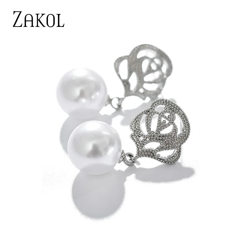 ZAKOL Fashion Flower Simulated Pearl Wedding Earrings Zircon Jewelry for Women Bride Boucles D'oreilles Bijoux FSEP2535 | Украшения и
