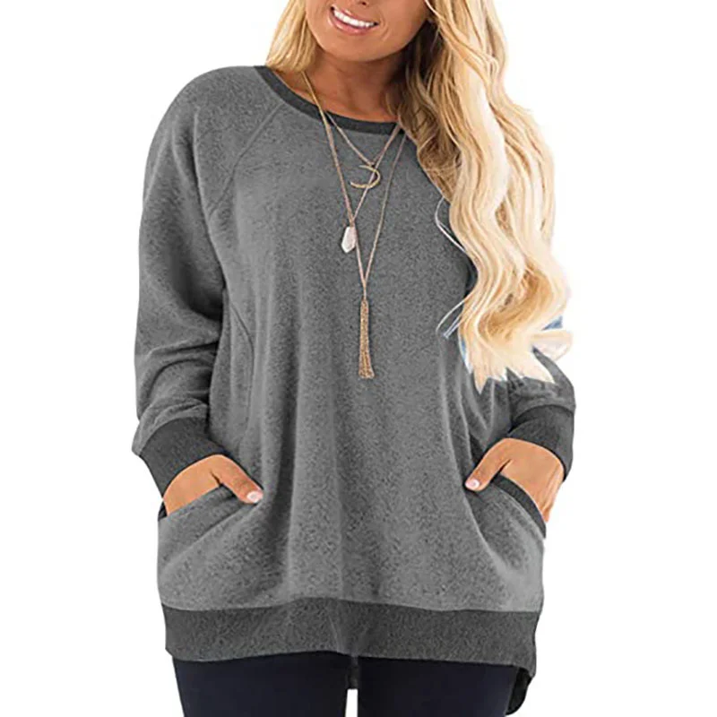 

Aw21 new large women's round neck contrast pocket sweater long sleeve Pullover casual T-shirt