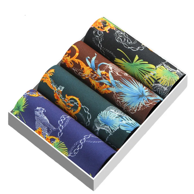 4Pcs Men Underwear Male Shorts Comfortable Underpants Print Casual Shorts Breathable U Convex Men Panties Plus Size L-4XL