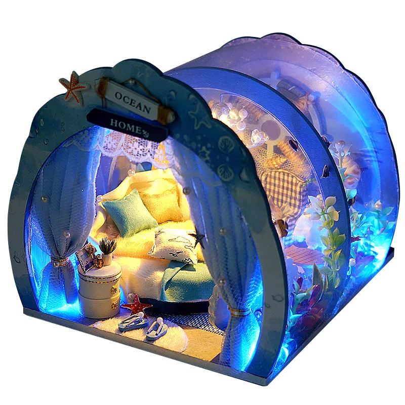 

DIYMiniature Furniture Ocean Room Kit Dollhouse with Light Fish Assembled 3D Wooden Garden Ocean Room for Children Birthday Gift