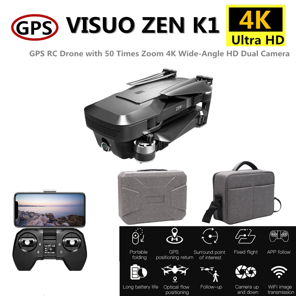 Квадрокоптер VISUO ZEN K1 складной с Wi Fi FPV 4K двойной камерой угол обзора 120 градусов VS