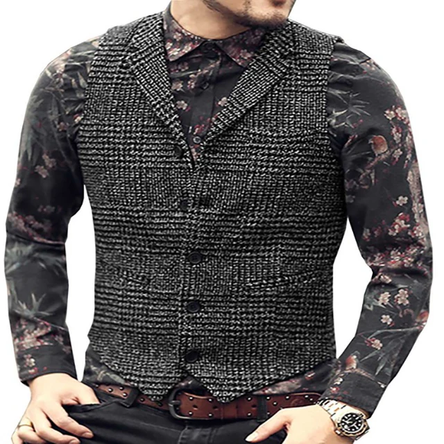 

2020 Brown Single-breasted Plaid Men Suit Waistcoat Casual Formal Business Groomsmen Lapel Neck Vest For Wedding Best Man