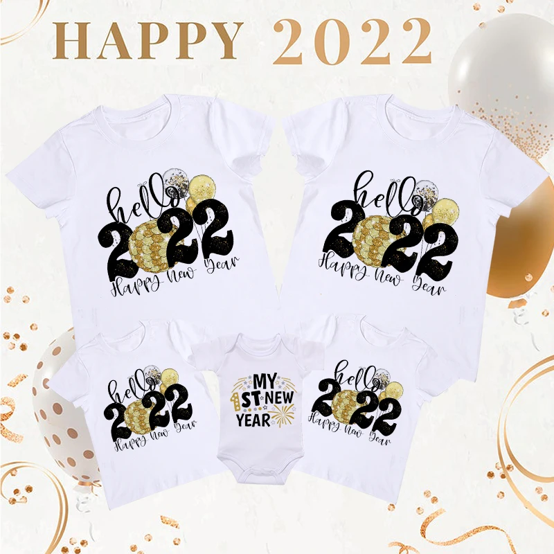 

Hello 2022 Happy New Year Family Matching Clothes Family Look Father Mother Kids Tshirts Baby Rompers New Year 2022 Outfits