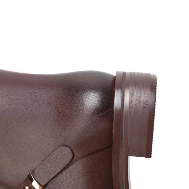 

RIZABINA Real Leather Women Knee Boots Flats Square Toe Zipper Shoes Buckle Warm Boots Fashion Women Party Footwear Size 35-43