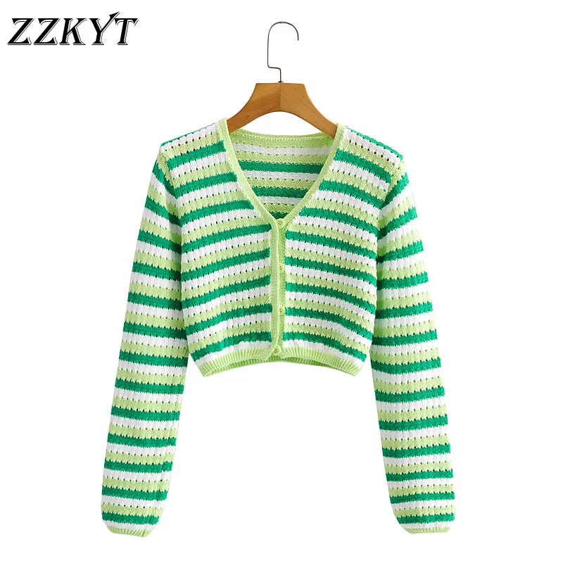 

ZZKYT 2021 Women Autumn Fashion Stripes Hollow Out Cardigan Knitted Sweater Vintage V Neck Long Sleeve Female Casual Outerwear