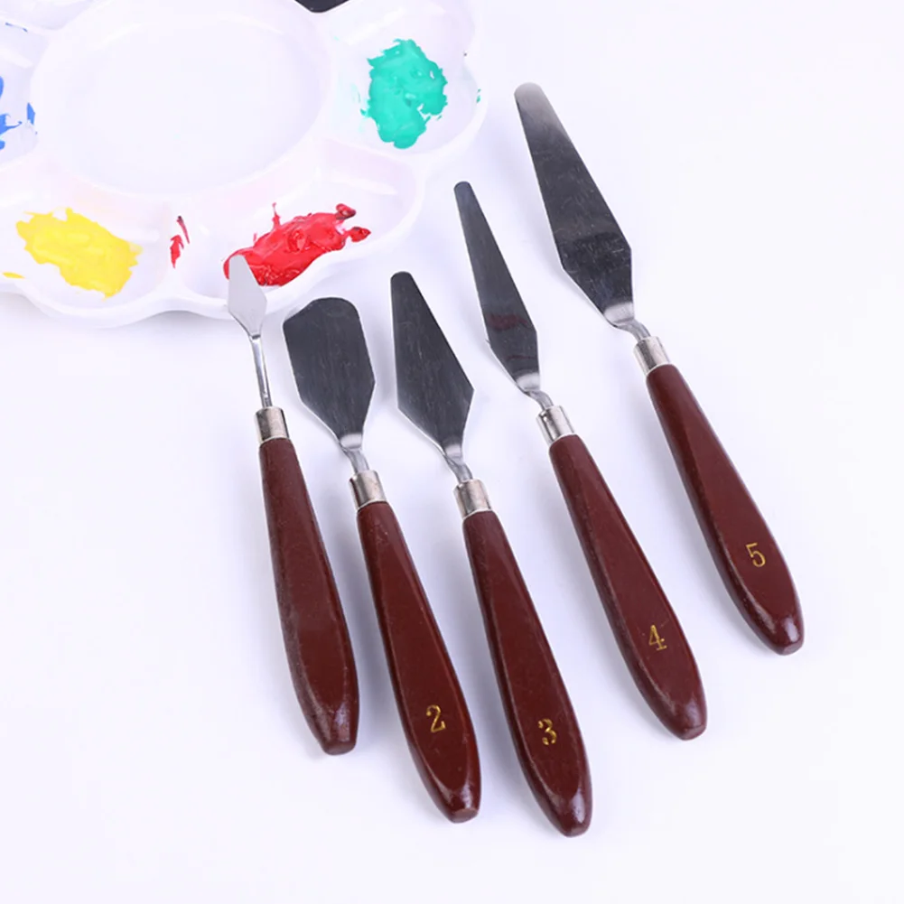 

5pcs/set Paint Mixing Scraper Wooden Handle Oil Painting Professional Artist Spatula Tools Stainless Steel Palette