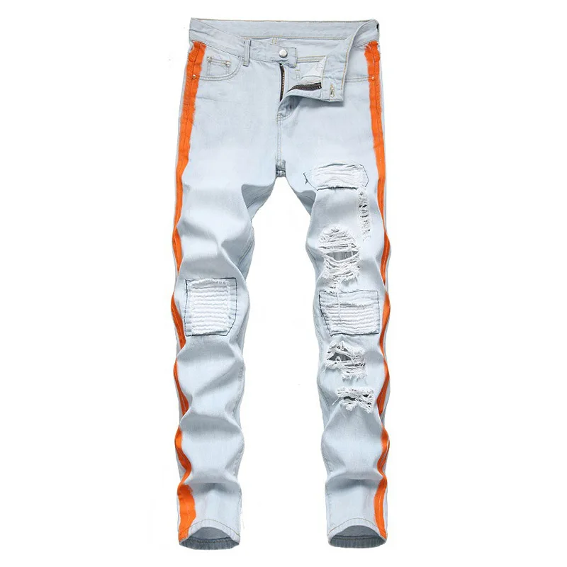

Мужские рваные зауженные джинсовые брюки с дырками легкие цветные потертые Лоскутные Джинсовые брюки с боковой окраской