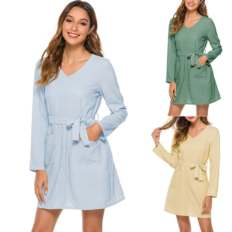 

Women's V-Neck Pocket Long Sleeve Tie Elegant Dress