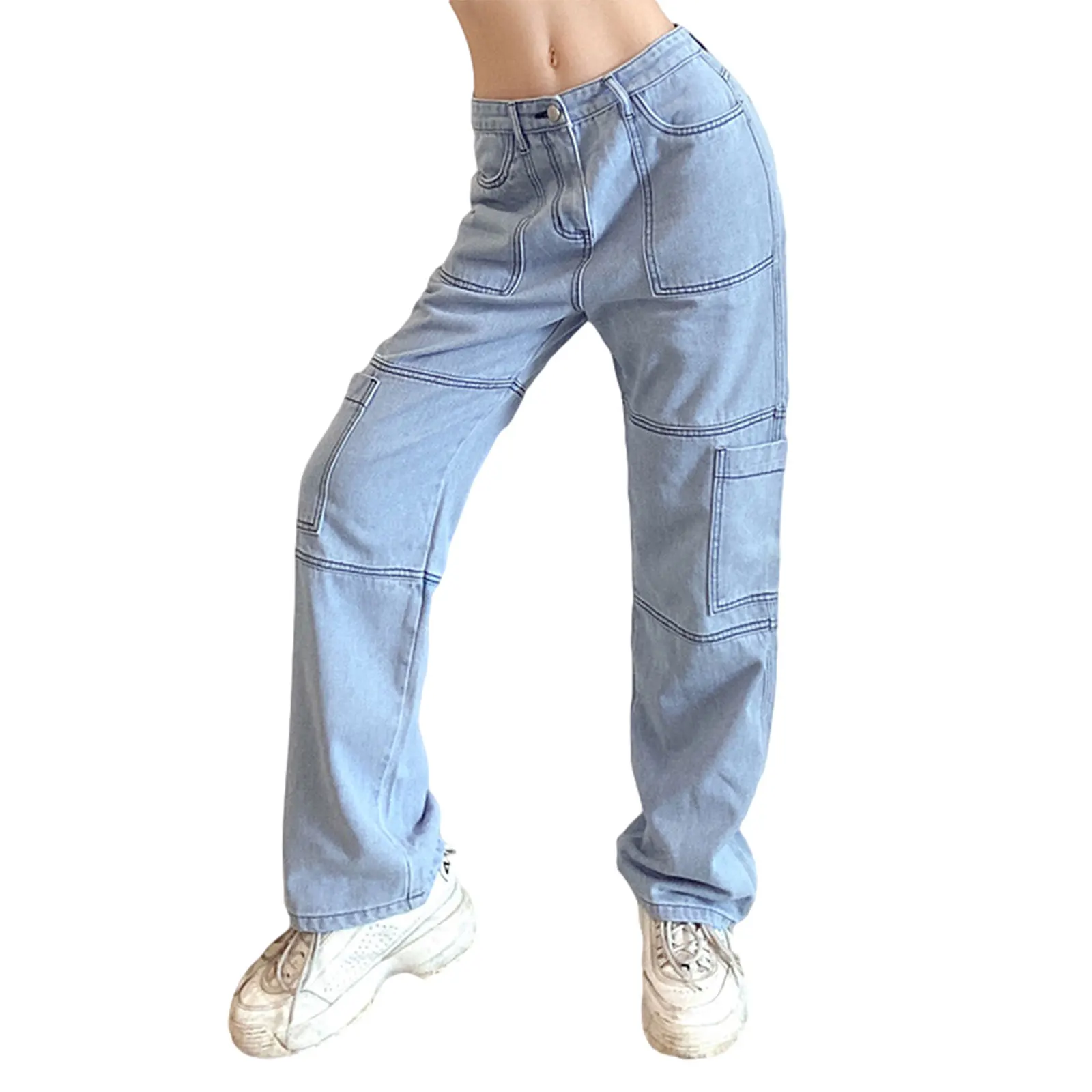 

Women Boyfriend Straight Leg Jeans, Casual High Waist Solid Color Stitch Loose Denim Pants