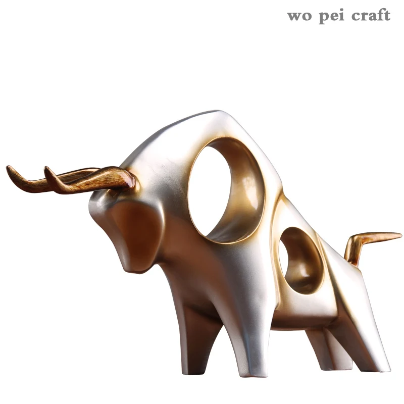 

Golden Silver Hollow Out Bull Statue Ornaments Desk Decoration Resin Figurine Retro Abstract Crafts American Rustic Home Decor