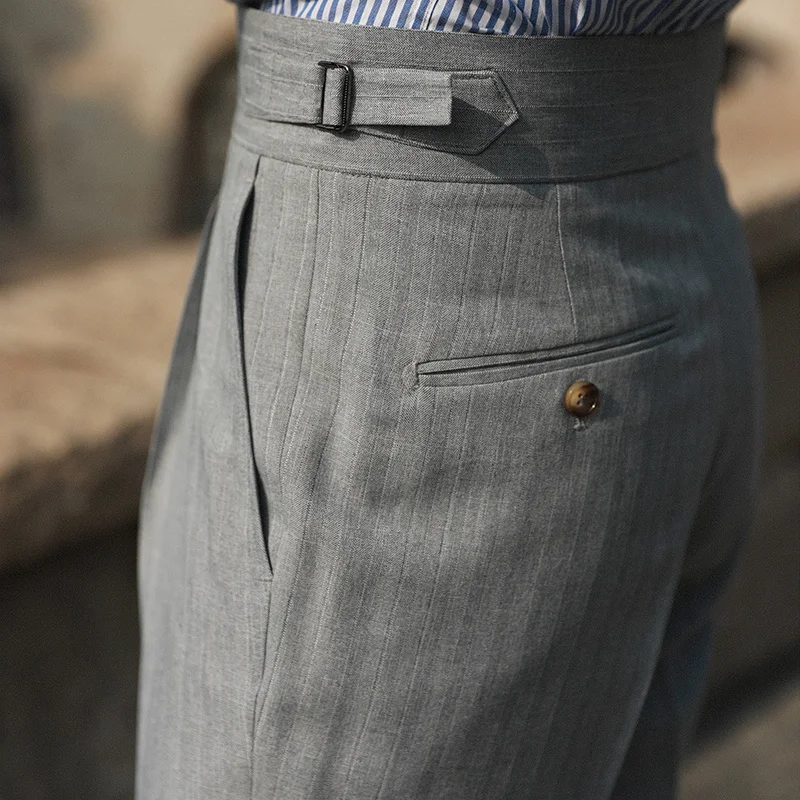 

Повседневные Прямые полосатые брюки с высокой талией, мужские универсальные деловые формальные брюки, брюки для мужчин, итальянские мужски...