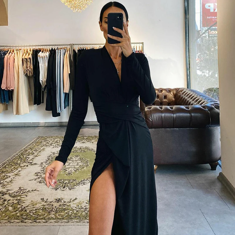 

Sister Fara Spring Autumn Women Long Sleeve High Split Dress Sexy V-Neck Long Dresses 2021 New Ladies High Waist Irregular Dress