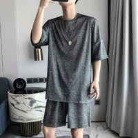 flashing silver sequins polarized color short sleeved t shirt beach pants mens bright top shorts casual two piece suit