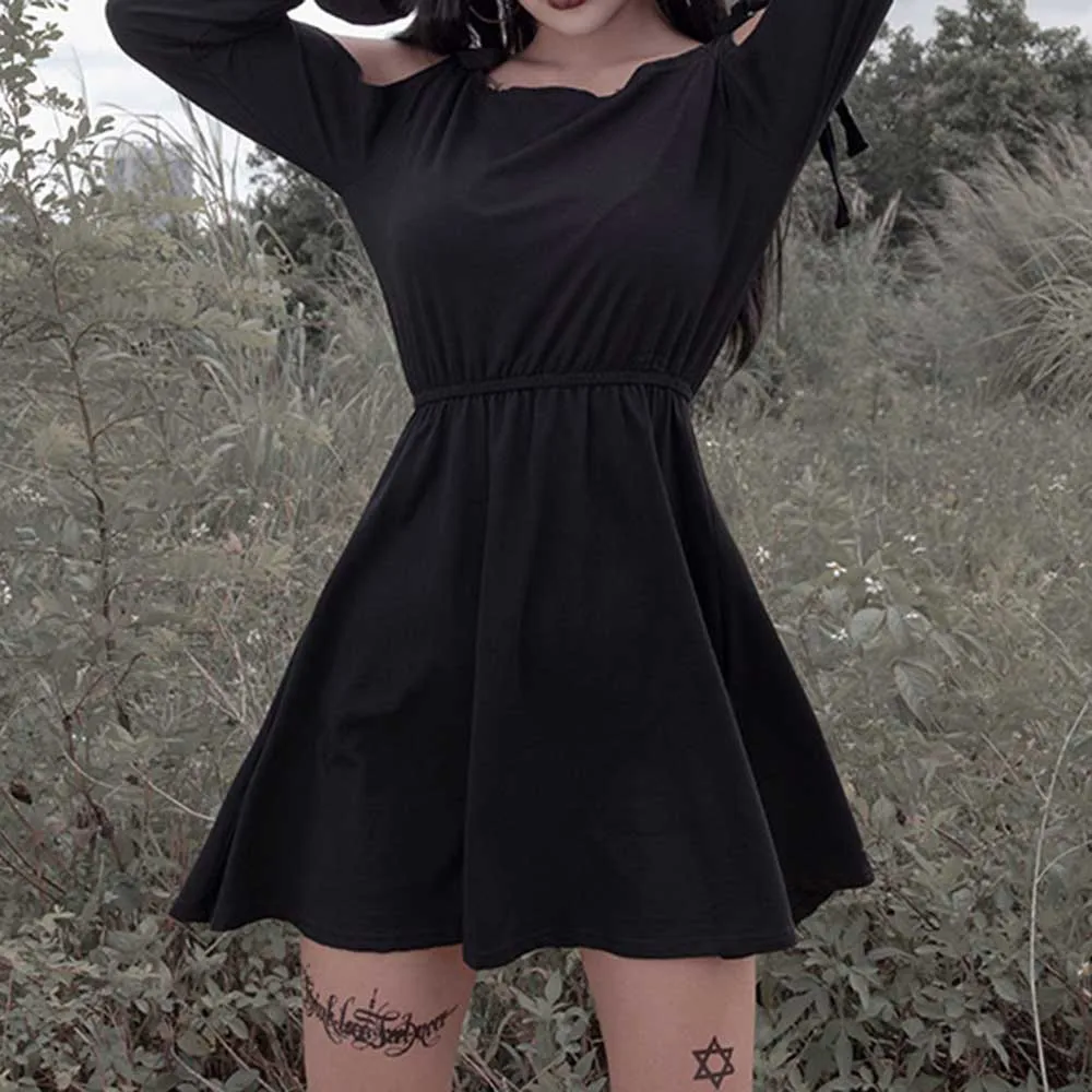Осень 2019 платья с длинным рукавом черное готическое женское мини платье