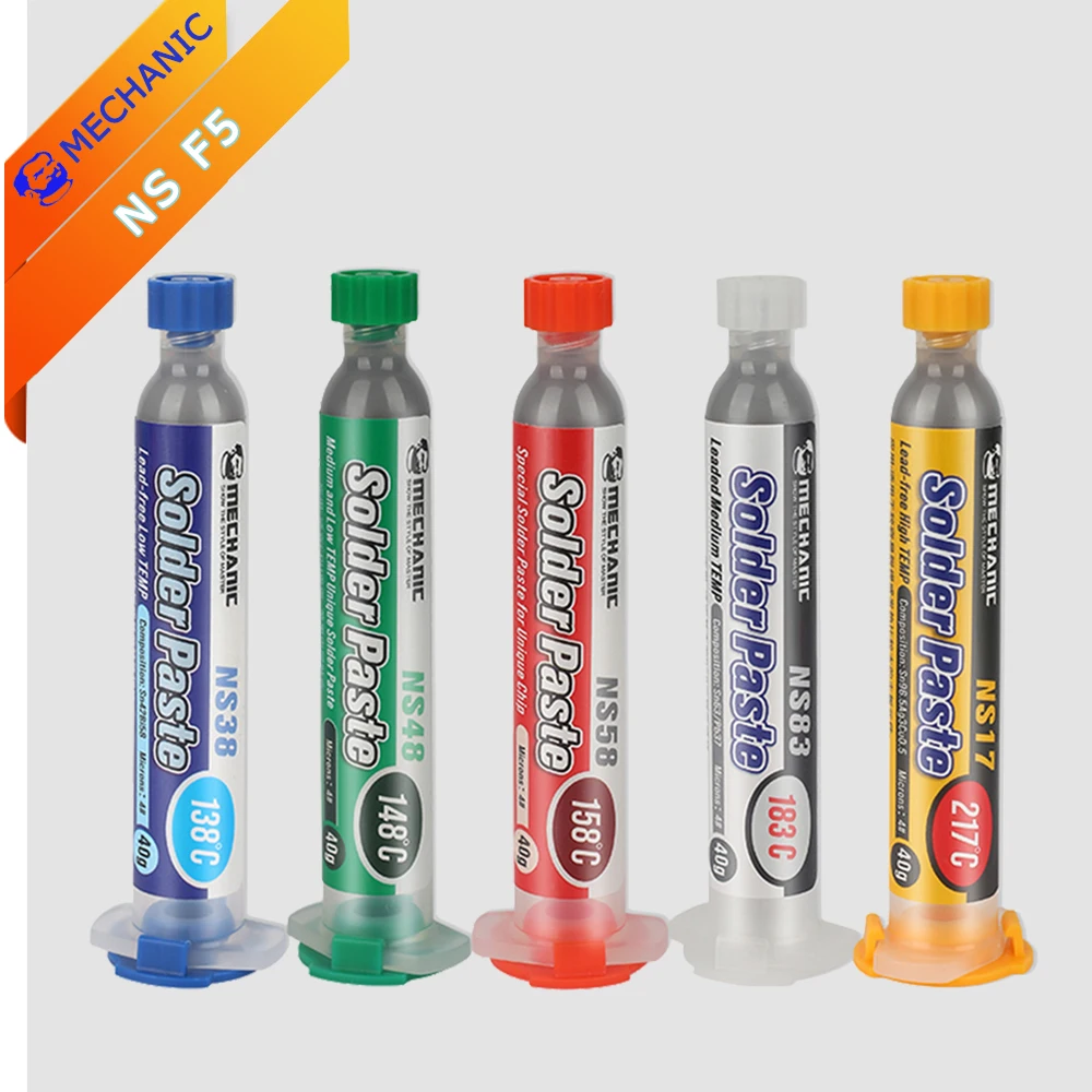 

Паяльная паста MECHANIC NS F5 138 ℃ 148 ℃ 158 ℃ 183 ℃ 217 ℃ С бессвинцовым низким средним высоким 5 в 1 шприцем для ремонта печатных плат