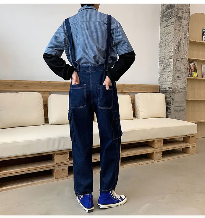 2021 Men Bib Overalls Denim Pants Casual Wash Loose Fashion Hip Hop Black Jeans Streetwear Jumpsuit Ankle Length
