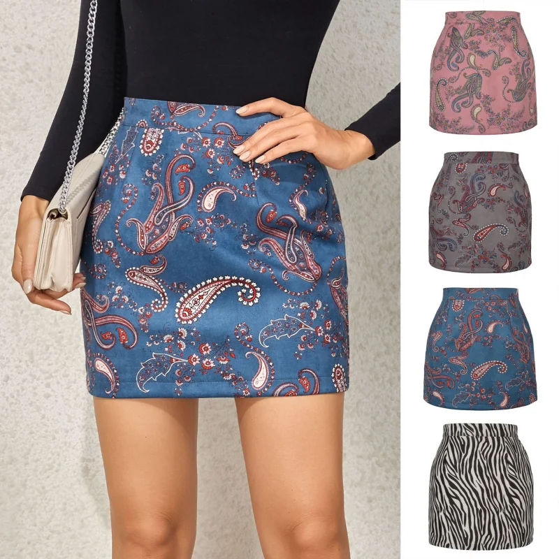 

Women Skirt 2021 Autumn Winter Y2K Suede Vintage Print Skirt Fashion High Waist Mini Skirts Female Bodycon Zipper Casual Outfits