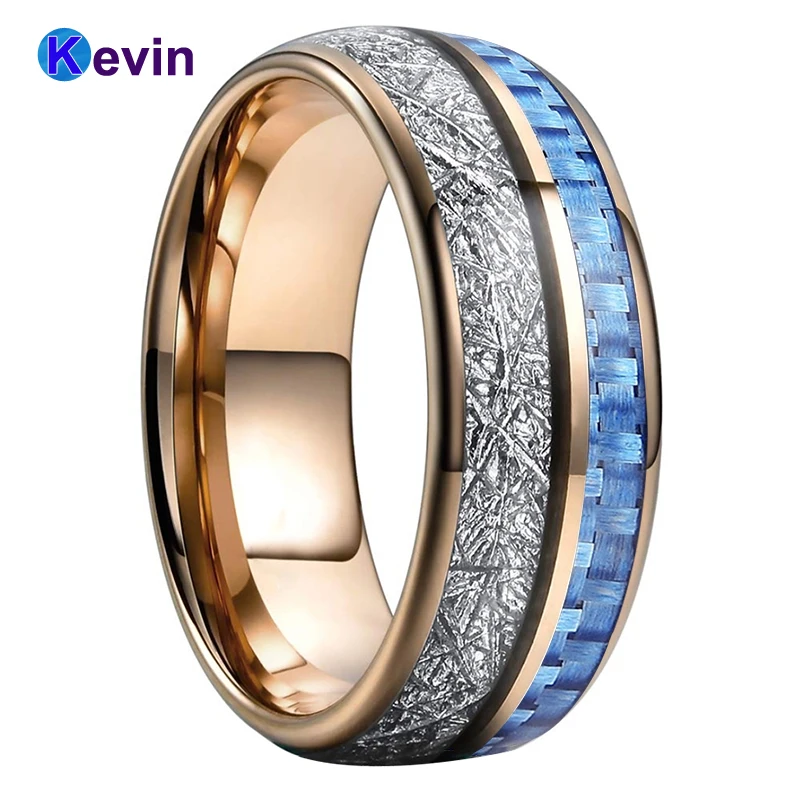 

Rose Gold Wedding Band Tungsten Carbide Rings For Men And Women With Light Blue Carbon Fiber And White Meteorite Inlay