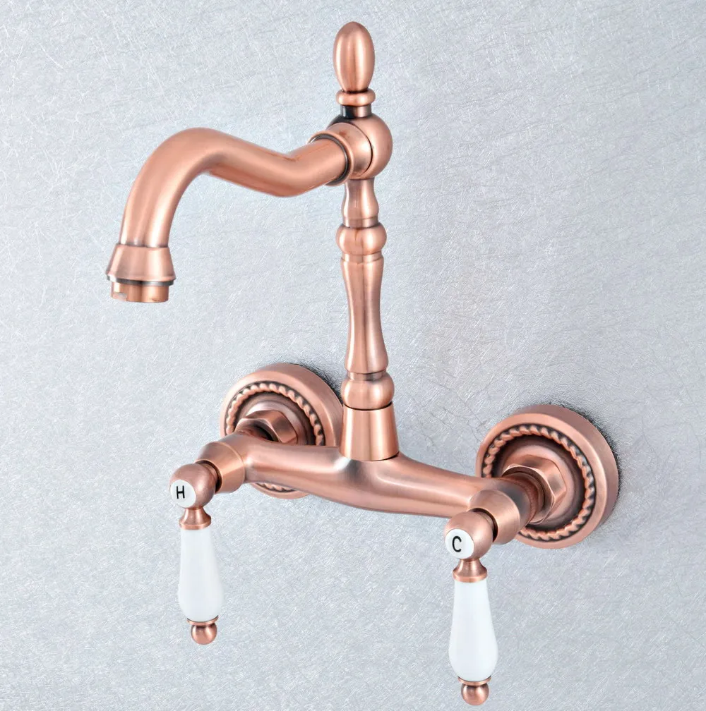 

Antique Red Copper Brass Wall Mounted Kitchen Wet Bar Bathroom Sink Faucet Swivel Spout Mixer Tap Dual Ceramic Handles asf885