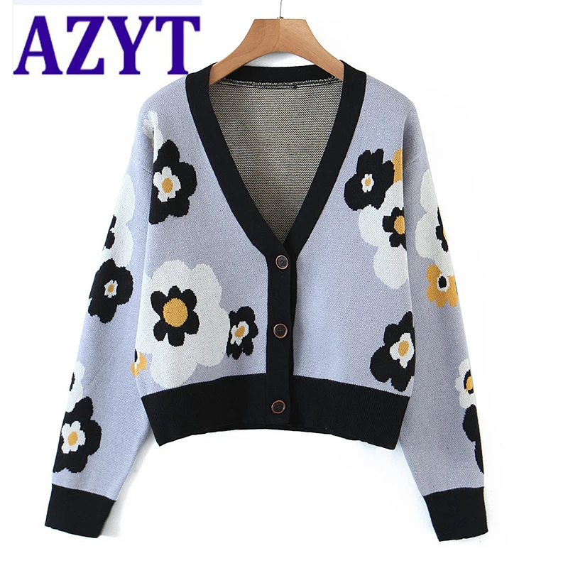 

Женский короткий кардиган с цветочным принтом AZYT, повседневный трикотажный кардиган с V-образным вырезом в винтажном стиле, весна 2021