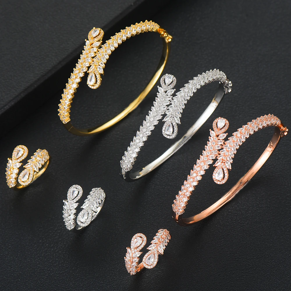 

LARRAURI 2 PCS Women Bridal Wedding Engagement Daily Party Jewelry Sets Brand Gorgeous Cubic Zirconia Bangle Ring Set