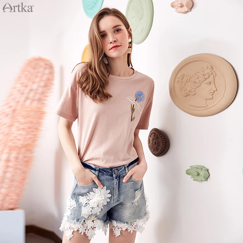 

Женская футболка с круглым вырезом ARTKA, свободная футболка из чистого хлопка с коротким рукавом, 3 цвета, TA11685X, лето 2020