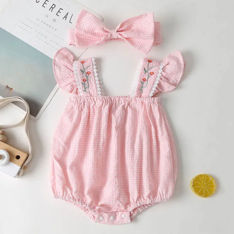 

0-24M Infant Baby Girls Jumpsuit Summer Toddler Baby Girl Romper Flower Embroidery Flying Sleeve Cotton Baby Girls Clothes