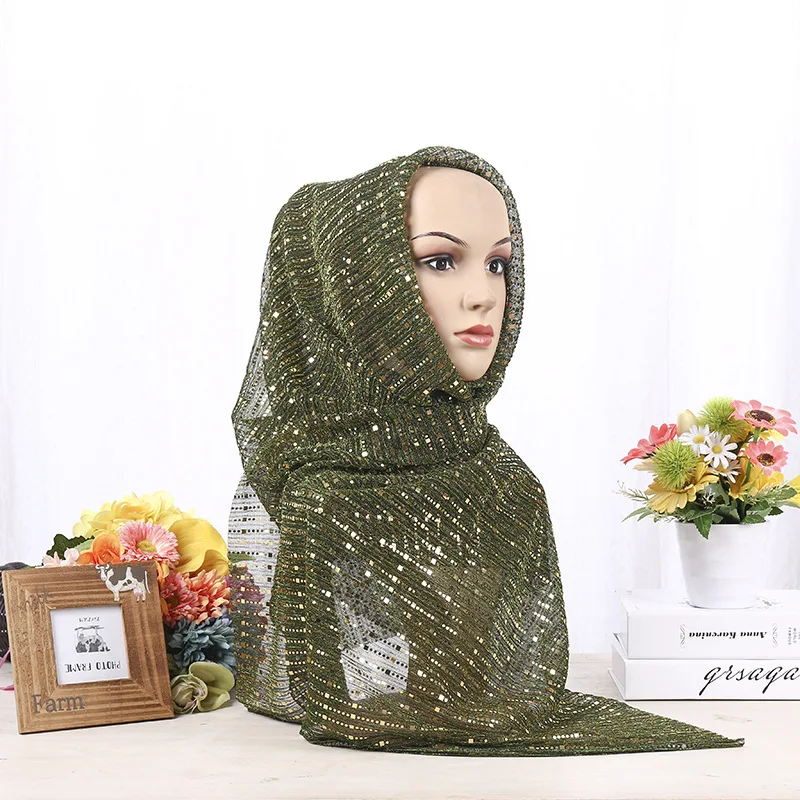 Модный мусульманский Шиммер Visose Hijabs шарф Женский Золотой Серебряный Блестящий шарф шаль пашмины блестки длинный платок 7" x 26"