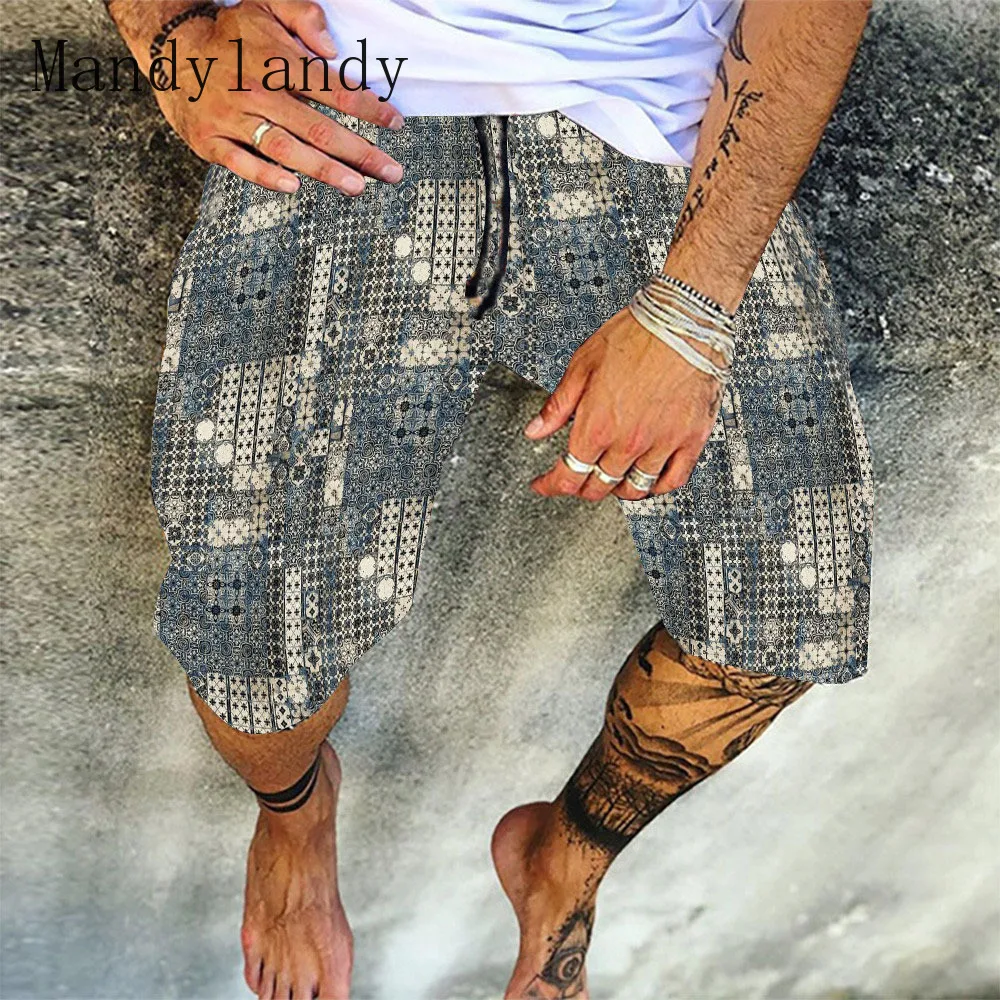 

Mandylandy Men's Ethnic Style Printed Casual Aloha Hawaiian Shorts Summer Casual Quick Dry Swim Trunks Beach Shorts