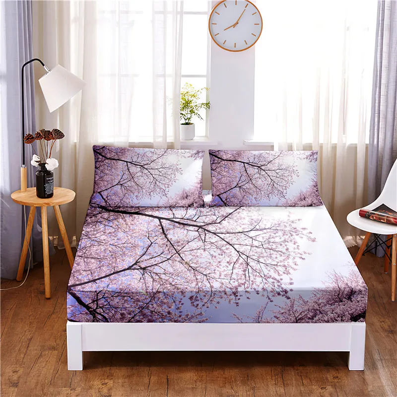 Cherry Blossoms 3pc Polyester Solid Fitted Sheet Mattress Cover Four Corners With Elastic Band Bed Sheet(2 pillowcases) |
