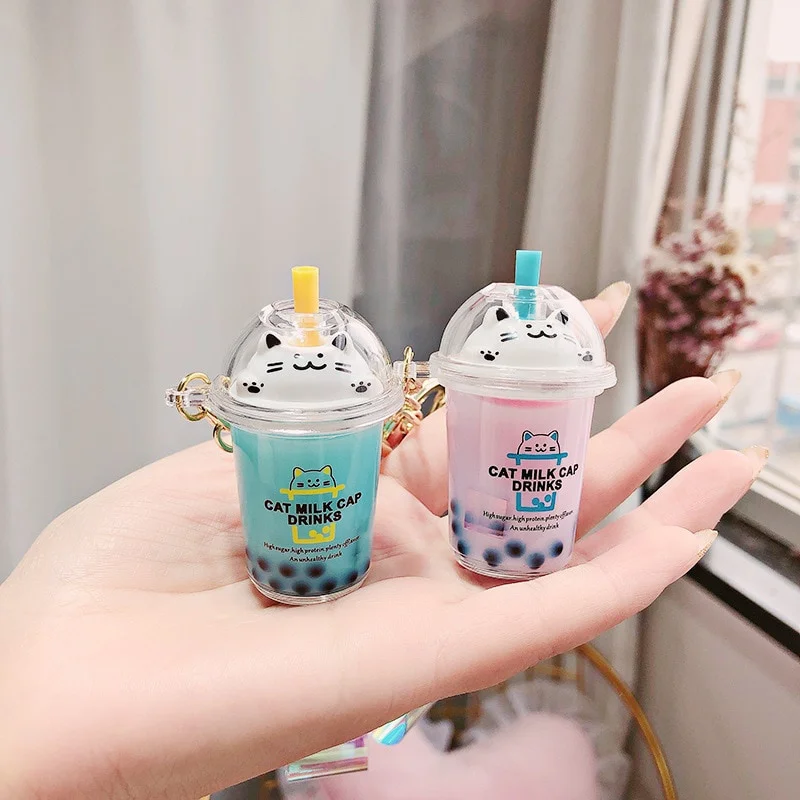

Cartoon Cute Cat Keychain Milk Tea Cup Liquid Quicksand Sequin Key Ring Charm Bag Car Pendant Key Chain for Women Men Kids