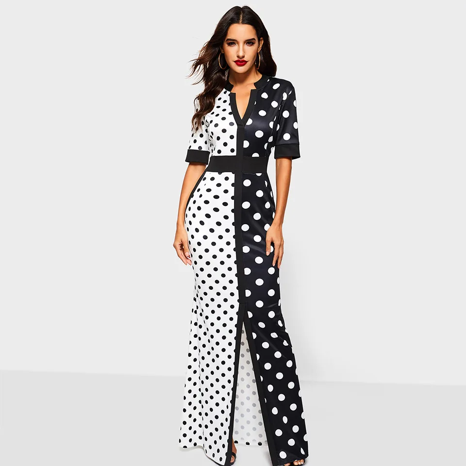 Sisjuly Vintage Bodycon Dress Женщины Длинные Черный Белый Горошек Бандаж Сплит Тощий Офис Леди Элегантный Партия Сексуальные Платья Макси