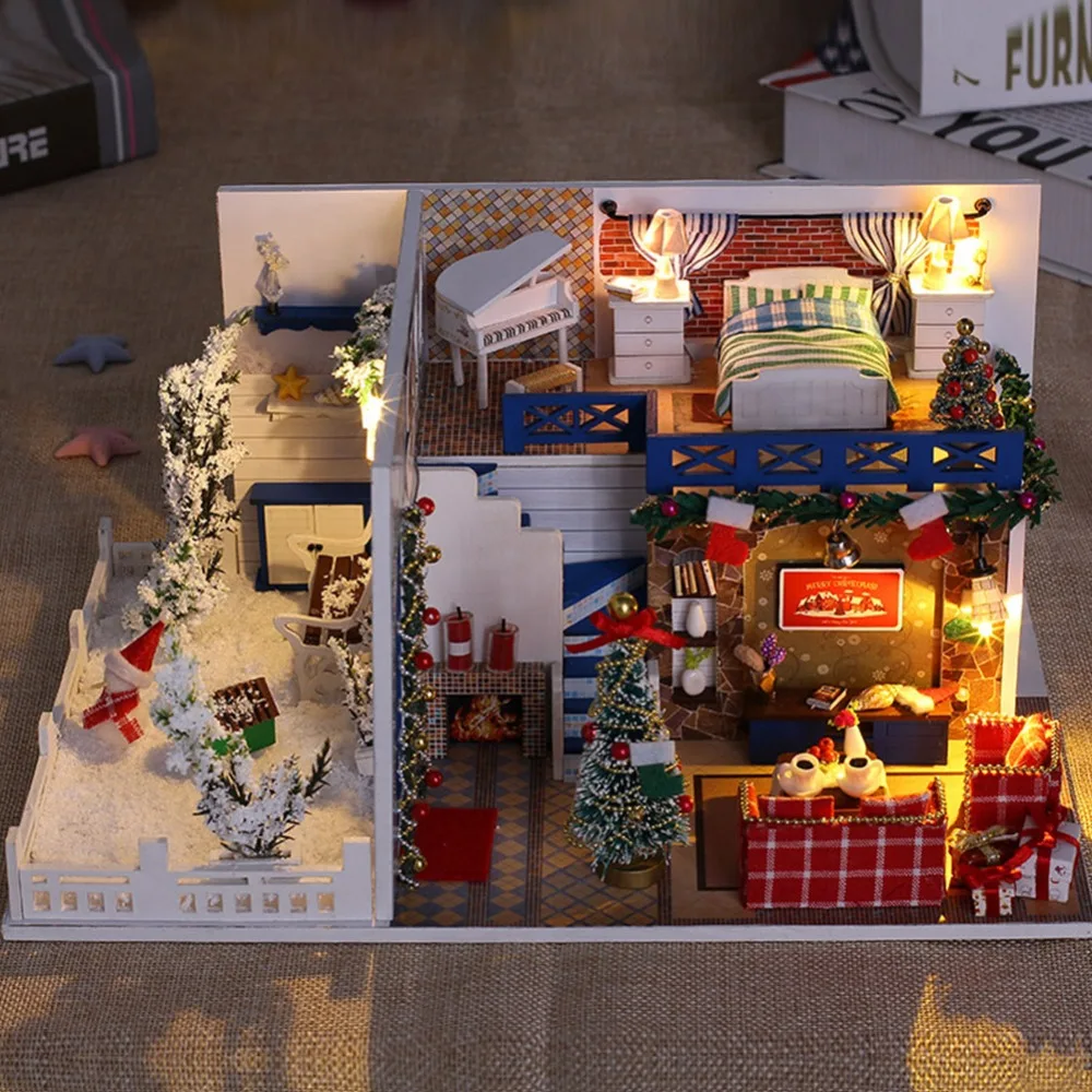 IiE CREATE Dollhouse K026 Синий Рождественский Миниатюрный Набор для творчества с подсветкой и пылезащитным покрытием