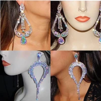 bohemia luxury rhinestone ab color geometric big drop earrings wedding jewelry for women crystal long tassel dangle earrings
