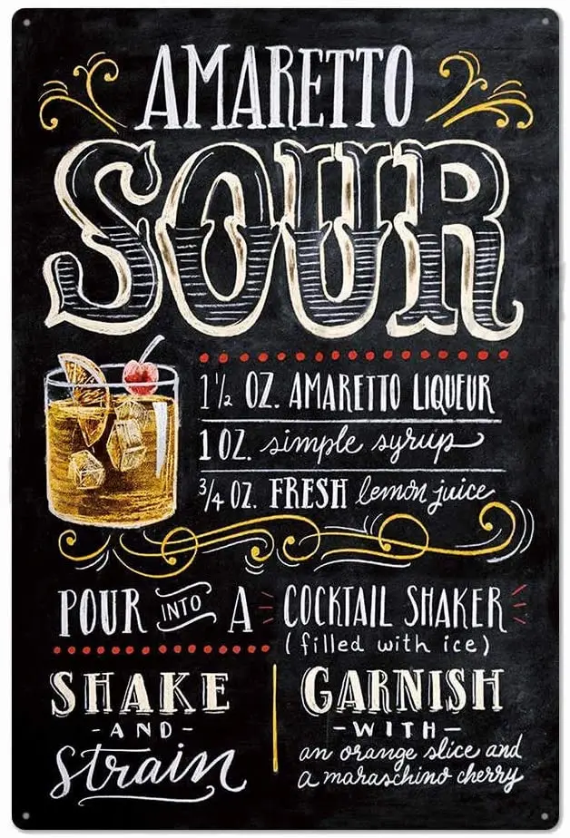 

Tin Metal Signs,Vintage Posters decorations,Black Amaretto Sour Cocktail Recipe Wall Thick Tinplate Wall Decoration for Man Cave