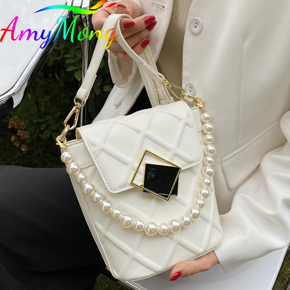 

2021 Designer Handbag Purses Women Pearl Chain Diamond Lattice Bag Fashion Ladies Luxury Cute Bucket Crossbody Shoulder Bags Sac