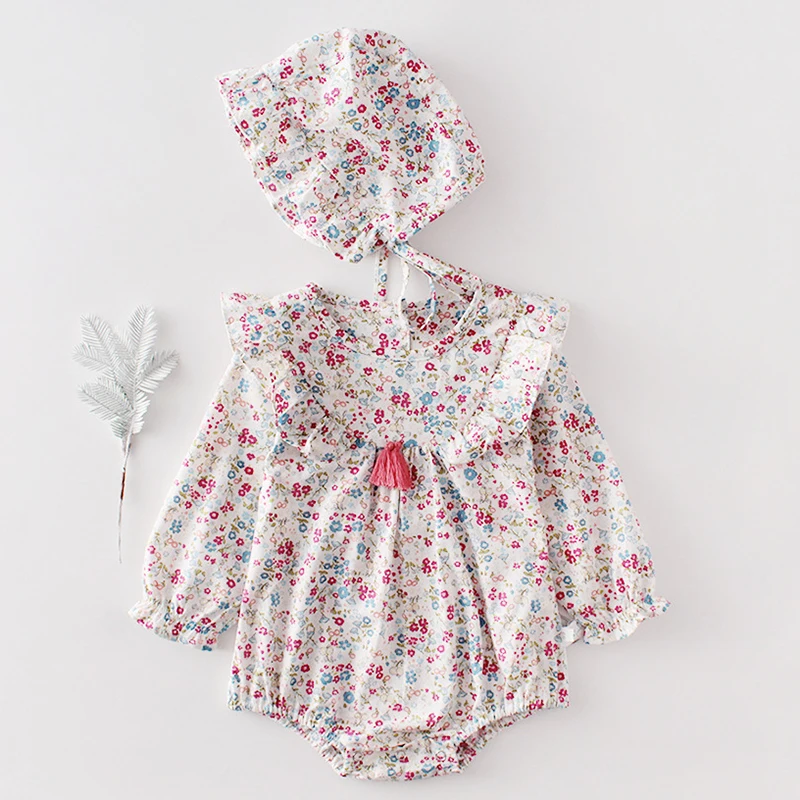 2020 Spring Baby Girl Bodysuits 0-3Yrs Girl's Flowers Tassel Long Sleeve Cotton One-piece Clothes + Hat Twin | Мать и ребенок