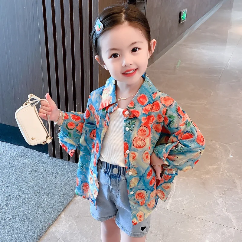 

Keelorn Girls Sun-protection Blouses Fashion Summer Children Floral Breathable Shirts Full Sleeve Toddler Korean Style Clothes