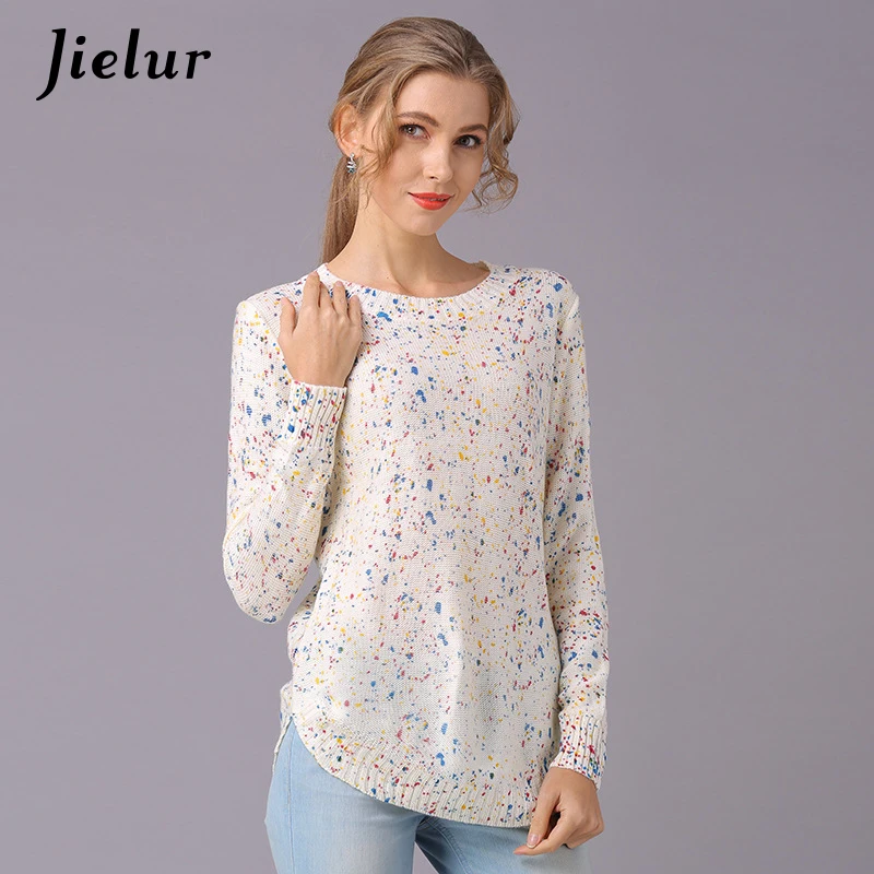 Jielur 2021 New Long-sleeved Printed Women's Sweater Casual Loose All-match Fashion Knitted Pullovers Europe Simple Female Tops | Женская