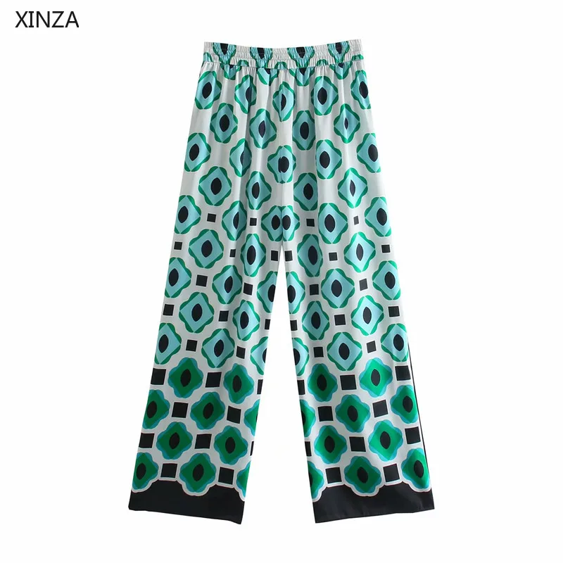 

Women Geometric Print Green Shirt Za 2021 Long Sleeve Asymmetric Vintage Summer Shirts Female Chic Button Up Loose Top