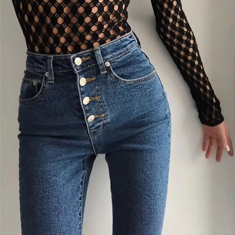 

Shestyle Button Up High Waist Jeans Women 2020 Spring Pockets Elastic Fashion Denim Skinny Pencil Pant Tight Fitted Trousers
