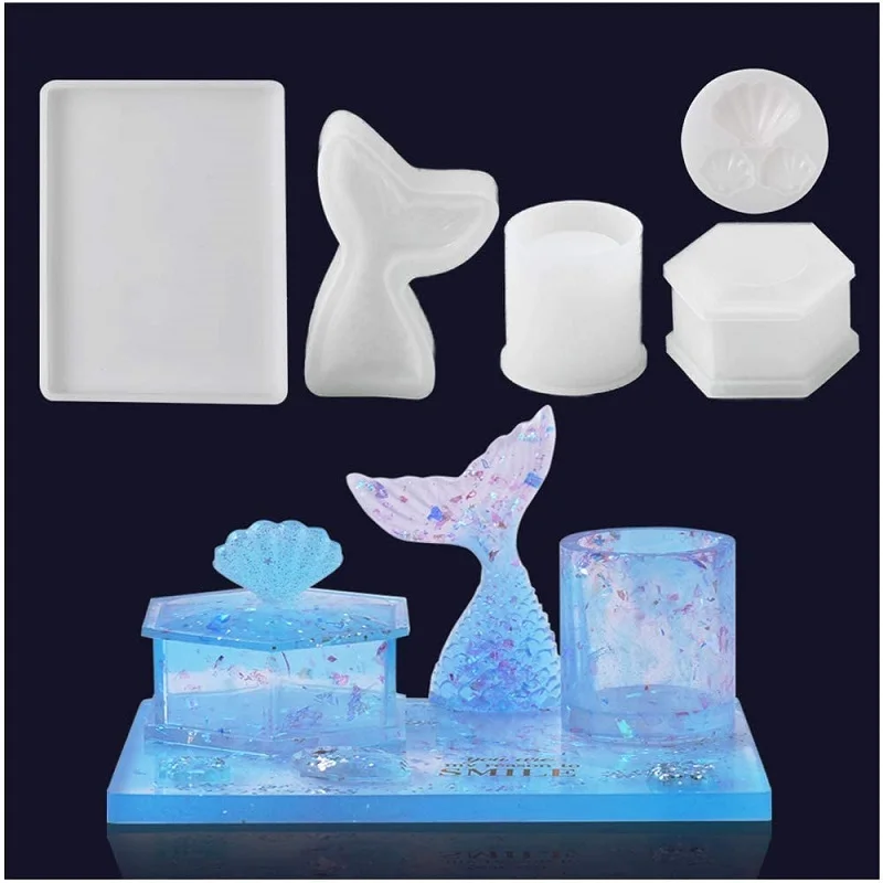

5Pcs Silicone Molds Set Resin Molds for Epoxy Crafts DIY with Hexagon Box Cylinder Mermaid Tail Rectangle Shell Molds