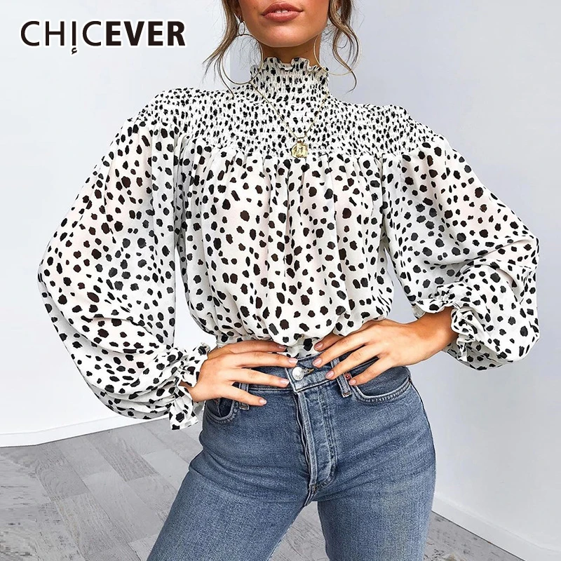 Женская шифоновая блузка в горошек с бантом высоким воротником и рукавами